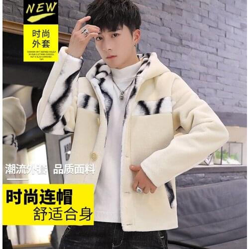 2021 men imitation lambs wool color matching jacket teenagers winter easy to add thick velvet collar hooded warm jacket