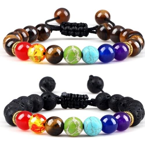 7 Chakra Beads Bracelet Handmade Natural Tiger Eye Stone Black Lava Weathered Bracelets Healing Balance Bangles Prayer Jewelry