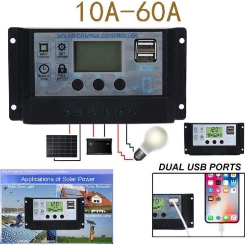 60A/50A/40A/30A/20A/10A 12V 24V Auto Solar Charge Controller PWM With LCD Dual USB 5V Output Solar Cell Panel Regulator PV Home