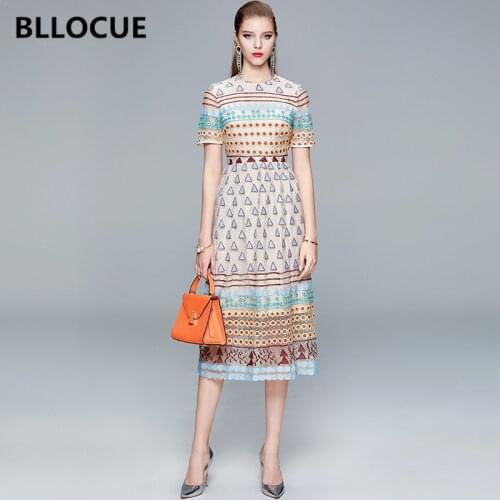 BLLOCUE Fashion Designer Summer Mesh Midi Dress Women Short sleeve Geometric patterns Embroidery Vintage Elegant Party Dresses
