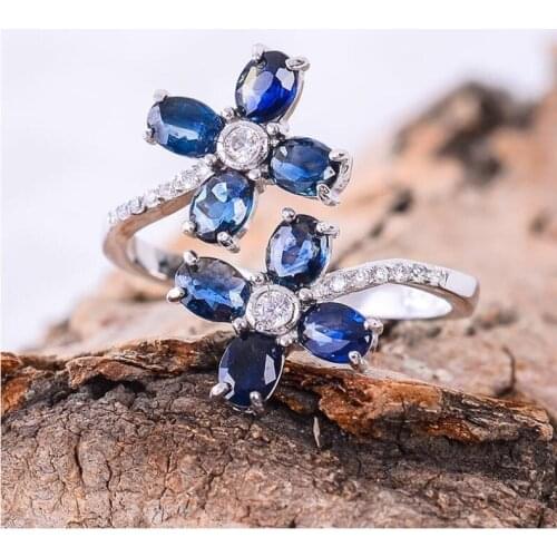 Flower Type Natural real blue sapphire ring 925 sterling silver Fine handworked jewelry Finger rings Gem Size 3*4mm 8pcs