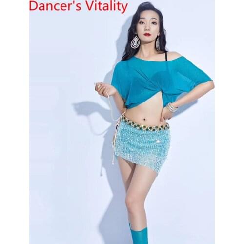Cheap 2020 Hot Sale Belly Dance Clothes Short Sleeves Top+Bling Bling Short Skirt 2 Pecies For Women Bellydancing Wear S,M,L Blu