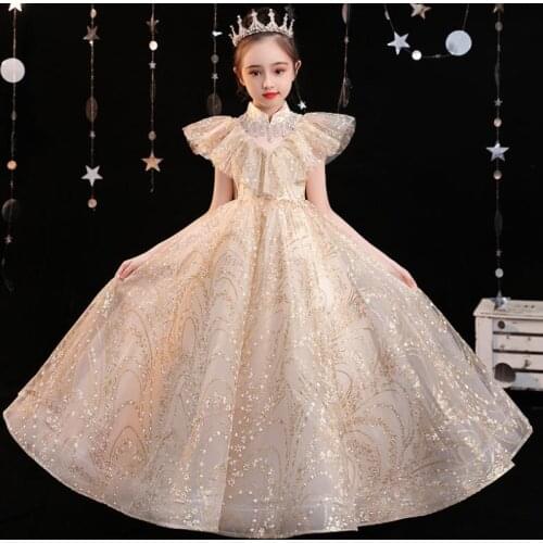Kids Catwalk Dress Fashion Vintage Embroidery Ball Gown Lace Sequined Design Wedding Birthday Party Vestidos Dress For Girl L701