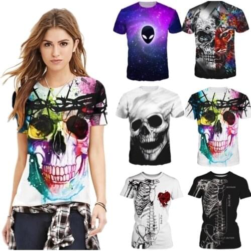 Halloween T-Shirt Scary Skull Skeleton Print Couple Outfit Family Short Sleeve Street Wear Hip Hop Clothing Costume Halloween
