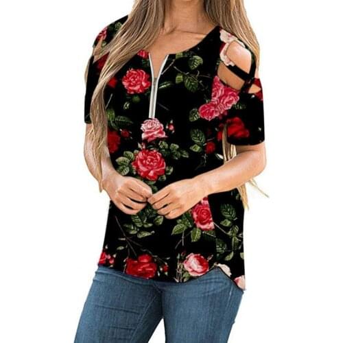 Summer oversized T-shirt Fashion Women T-shirt Cold Shoulder Floral Print Short Sleeve Zipper Neck Loose Top футболка оверсайз
