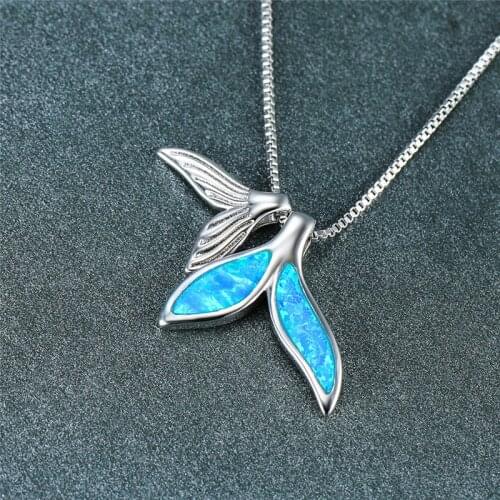 Dainty Double Fishtail Pendant Necklace Simple Female Blue Opal Wedding Necklace Vintage Silver Color Chain Necklaces For Women