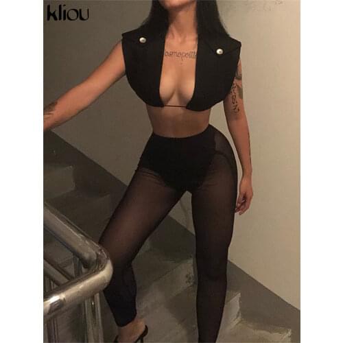 Kliou Sexy Mesh Two Piece Set Women Unique Design Oversize Sheath Cleavage Sleeveless Top+SeeThrough Stretchy Hot Female Pants