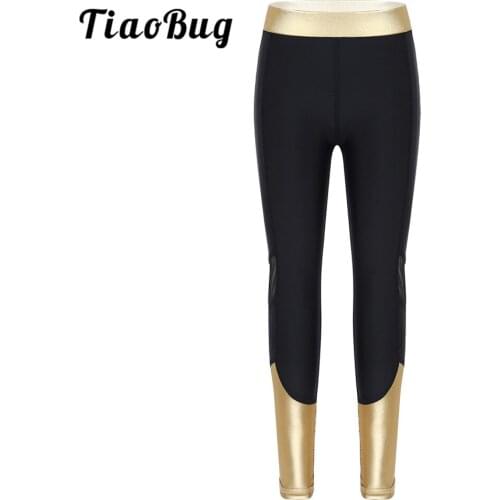 TiaoBug Fashion Kids Girls Elastic Waist Metallic Mesh Splice Sports Dance Yoga Pants Gymnastics Leggings Workout Trousers