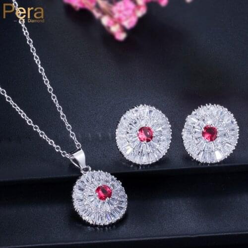 Pera Fashion Women Silver Color Jewelry Red Cubic Zirconia Stone Round Pendant Necklace and Earrings Set for Ladies J117