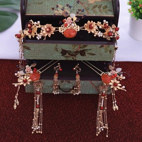 New Chinese Bride Headwear Retro red stone hairpins Show Phoenix coronet Wedding hair jewelry wholesale