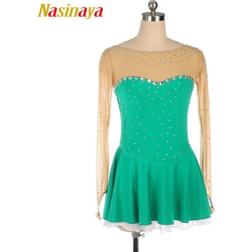Nasinaya Figure Skating Dress Ice Skating Skirt for Girl Women Kids Customized Competition Performance Dark Mesh green shiny