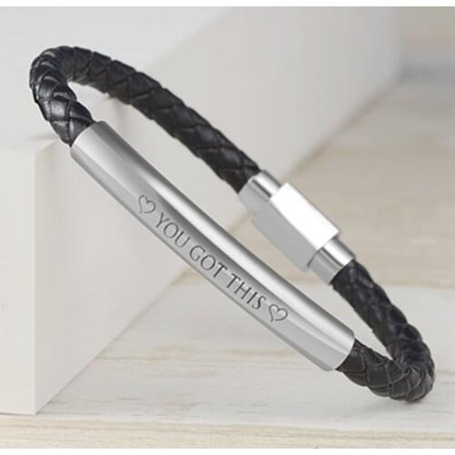 Stainless Steel Bar Hand-Woven Braided Leather Bracelet Engraved Name Phrase Date Jewelry for Husband Fathers' Day Mens Gifts