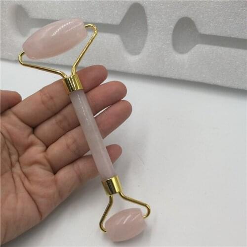 Handheld rose quartz jade roller gua sha beauty facial massage jade roller rose quartz with gold frame