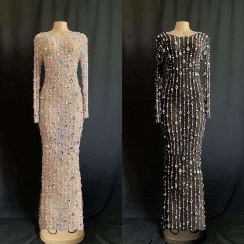 Nude and Black Color Custom-made Ladies Long Sleeve Cystal Sexy Bodycon Full Length Dress Pearl Performance Dress