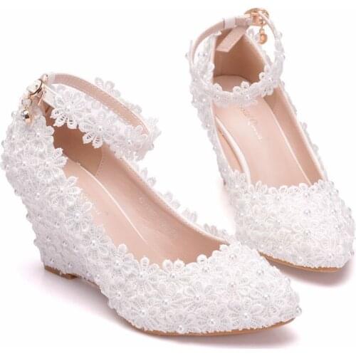 Women Shoes Pumps Dress Buckle Strap Lace Pointed Toe Wedges 8CM High Heels Womens Wedding Shoes