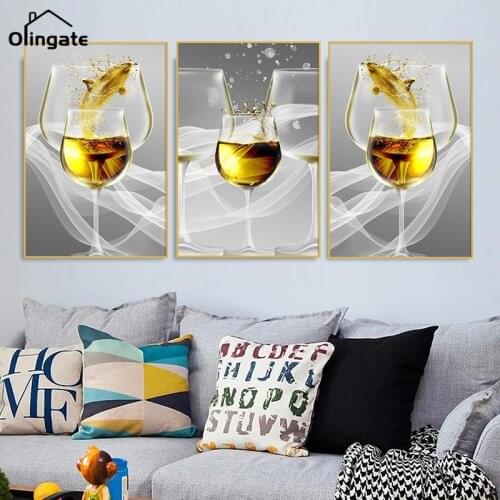 Wine Glasses with Golden Fish Butterfly Canvas Print Painting Nordic Abstract Dining Room Kitchen Decor Poster Wall Art Picture