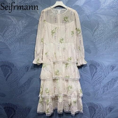 Seifrmann New 2021 Summer Women Fashion Designer Long Dress Flare Sleeve Lace High Waist Floral Printed Cake Dresses Vestidos