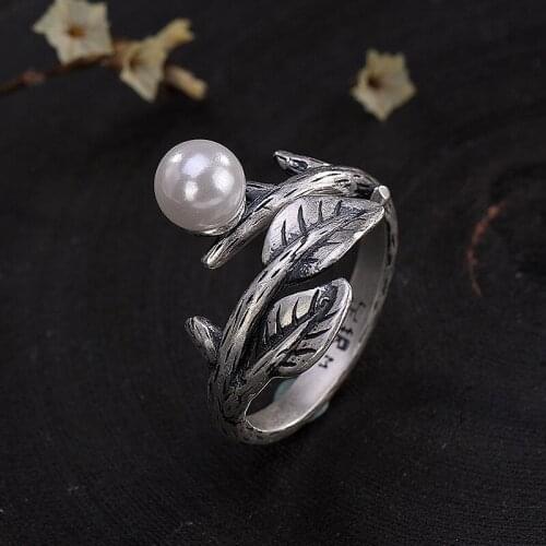 S990 pure silver vintage inlaid pearl leaf open female simple personalized all-match sterling silver ring rings