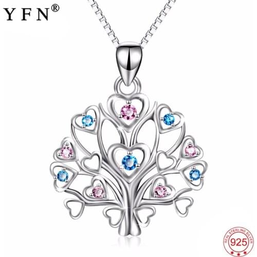 YFN 925 Sterling Silver Necklace Tree Of Life Pendants Necklaces Love Heart Pattern Charming Crystal Silver Jewelry For Women