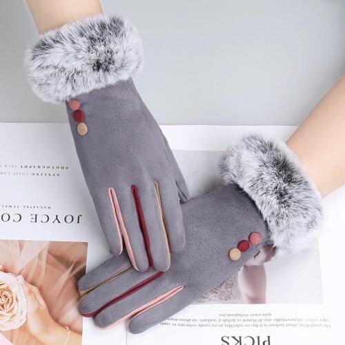 Winter Women Plush Cuffs Suede Leather Touch Screen Driving Gloves Female Warm Cashmere Full Finger Button Cycling Mittens I67