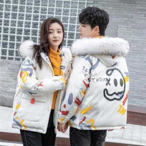 Winter Thick Warm Hip Hop Down Jacket Fashion Little Devil Print Short Hooded Big Hairy Collar Coat Street Style Couple Clothes