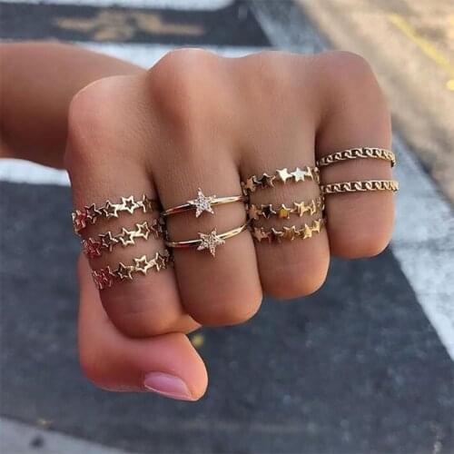 10 Pcs Vintage Gold Crystal Rings Set Hollow Star Twist Ring For Women Metal Charm Ring Boho Wedding Fashion Jewelry Party Gifts