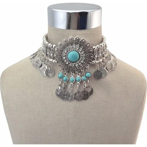 2 Colors New Fashion Red Green Stone Choker Necklace For Women with Coin Tassel Pendant Jewelry