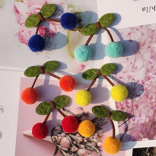2cm Kids Hair Lovely Soft Fluffy Cherry Pompom Decor Hair Tie Ponytail Holder Hair Accessories For Women Girls