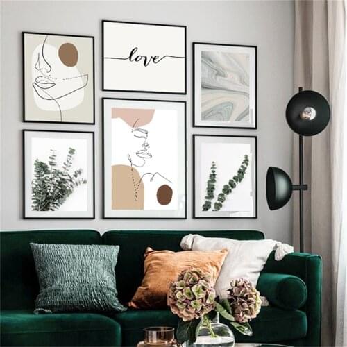 Abstract Line Face Green Leaf Love Quotes Wall Art Canvas Painting Nordic Posters And Prints Wall Pictures For Living Room Decor
