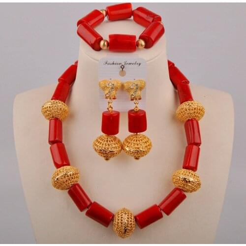 African Bead Cylindrical Red Jewelry Coral Bead Necklace India Fashion Nigeria Wedding Jewelry Sets