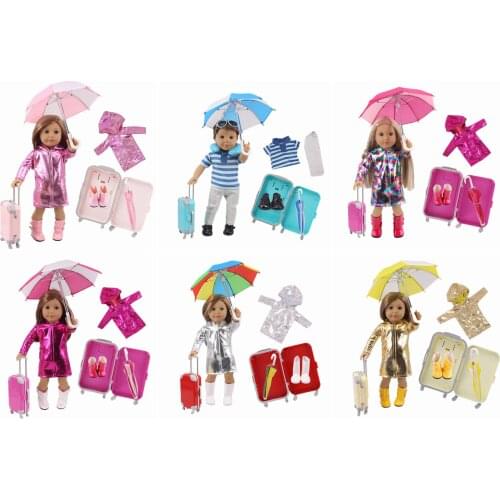 Doll Accessories, Used For 43cm Reborn Baby Doll And 18-inch American Doll, 1 set = umbrella + Raincoat + Rain Boots + Suitcase