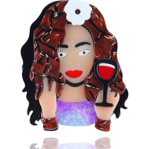 New Punk Cool Lady Drink Red Wine Acrylic Brooch Women Fashion Figure Brooches Jewelry Badges Lapel Pins Party Dress Gifts