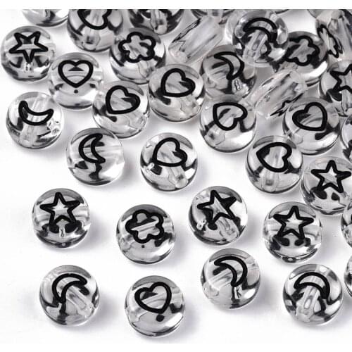 Pandahall 200pc Transparent Flat Round Acrylic Beads Black Moon Star Flower Heart Spacer Beads for DIY Bracelet Necklace Jewelry