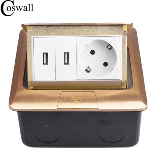 Coswall Pure Copper Gold Panel Pop Up Floor Socket 16A Russia Spain EU Standard Power Outlet With Dual USB Charge Port Metal Box