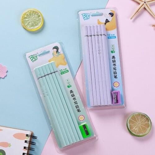 12 pcs / set of cute kawaii cartoon jelly pencil 2B standard sketch project drawing wooden pencil stationery