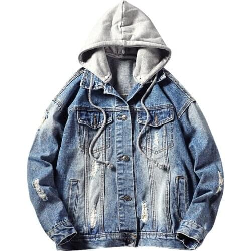Denim Jacket Men Casual Coat Loose Fit Men Hip Hop Ripped Jeans Jackets Hoodies Cowboy Print Hat Detachable Jaqueta Masculino