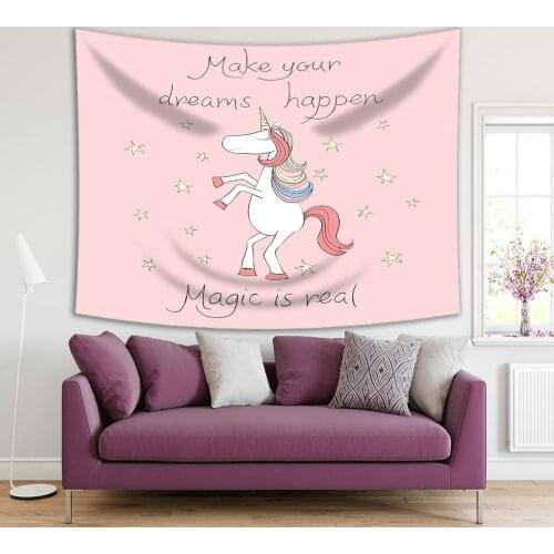 Tapestry Make Your Dream Happen Magic Is Real "Stylish Unicorn Stars and Hand Written Text Fun Pink Black white Art kids