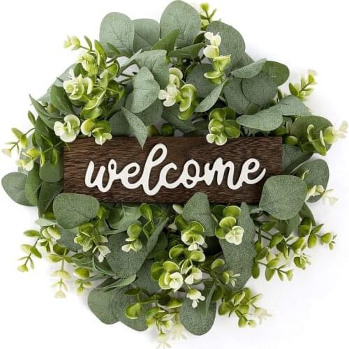 Hot Welcome Sign with Garland Door Decoration Wooden Hanging Sign with Artificial Eucalyptus Farmhouse Porch Decoration