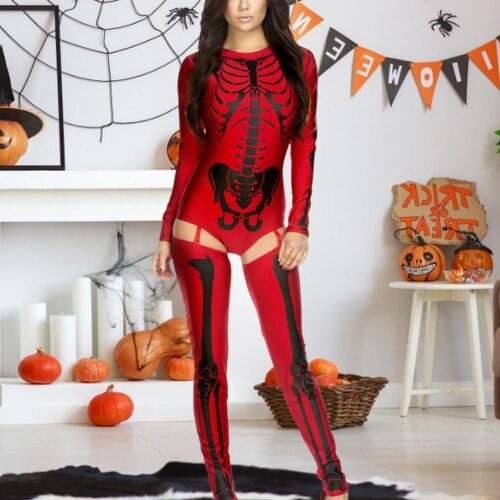 Women Sexy PU One-piece Skull Printed Jumpsuit Tight Socks Skeleton Halloween Costume Party Cosplay Performance Clothes