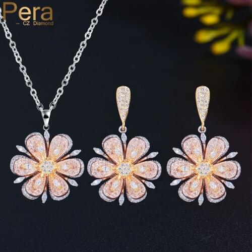Pera Luxury 3 Tone Gold African Cubic Zirconia Dangle Big Flower Shape Women Dancing Party Necklace Earrings Jewelry Sets J439