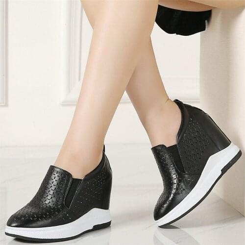 Summer Fashion Sneakers Women Hollow Genuine Leather Wedges High Heel Ankle Boots Female Med Top Round Toe Platform Pumps Shoes