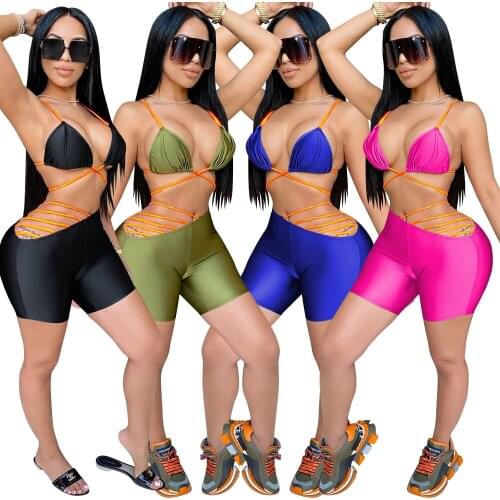 Sexy Bandage Swimwear Women 2 Pieces Bikinis Sets Lace Up Midi Waist Shorts Swimming Suits for Bathing Beach Summer Clothing