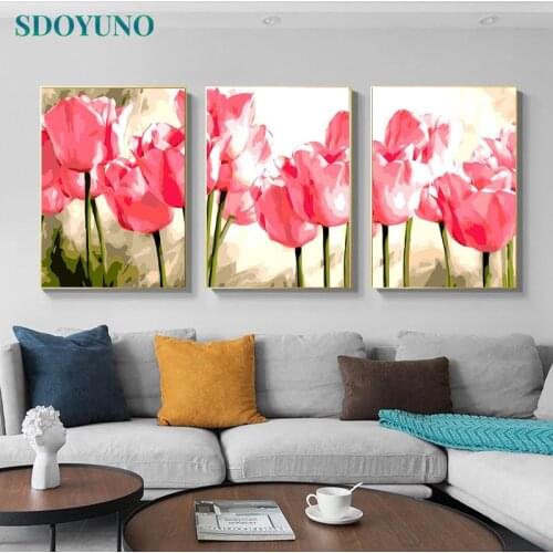 SDOYUNO 3Pcs 40x50cm Painting By Numbers For Kits DIY Pink Flowers Frameless Paint By Numbers On Canvas Handpainted Wall Art