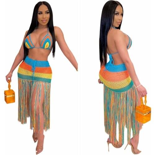 2020 New crochet 2PCS/SET beach cover up sexy women colorful bra tops+ long fringe skirts bikini swimwear cover up beach dress