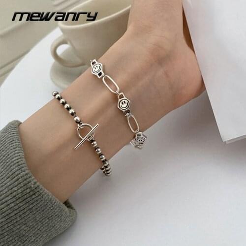 MEWANRY New 925 Sterling Silver Smiley Face Bracelet INS Fashion Vintage Creative String of Beads OT buckle Design Party Jewelry