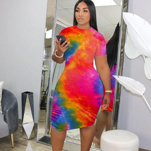 Tie Dye Printed Bodycon T Shirt Dress Women O-neck Short Sleeve Plus Size Summer Casual Dress Ladies Streetwear Midi Party Dress