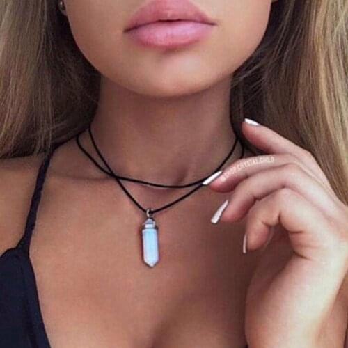 Women Double Layer Black Velvet Chokers Fashion Punk Geometric Opal Pendants Necklaces For Boho Party Jewelry Gift
