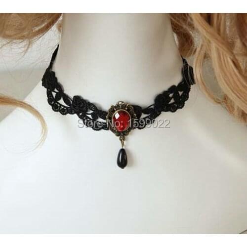 Simple Gothic Red Rhinestone Black Charm Lace Tattoo Necklace for Women Teenage Girls Bridal Accessories Japanese Style Jewelry