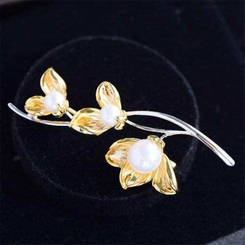 Simple Retro Branches Golden Leaves Brooches Pins for Women Men Suit Fashion Jewelry Pearls Broches Pin Female Delicate Broach