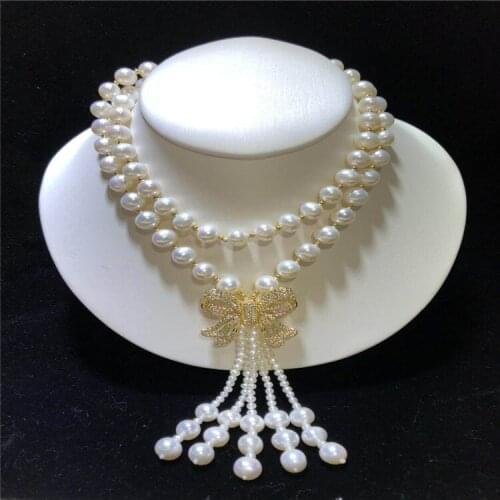 Handmade 3-4mm 8-9mm white freshwater cultured pearl micro inlay zircon accessories tassel pendant sweater necklace 85-90cm